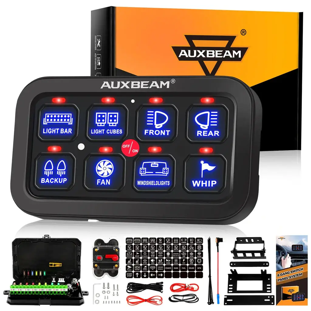 Auxbeam 8 Gang Led Switch Panel Kit Ba80 Automatic Dimmable Universal(One-Sided Outlet) Blue 1