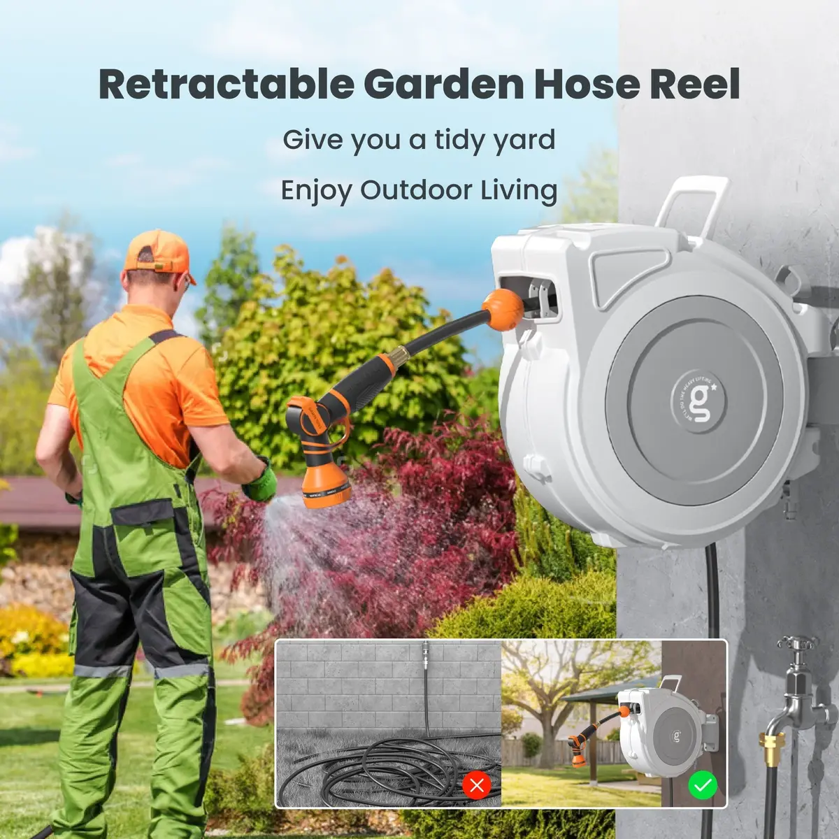 Retractable Garden Hose Reel-1/2 In-65Ft 1