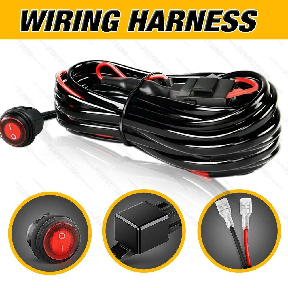 Led Light Bar Wiring Harness Kit (2 Leads 16Awg) With Fuse 12V 40A Relay 3/4" On/Off Switch 2